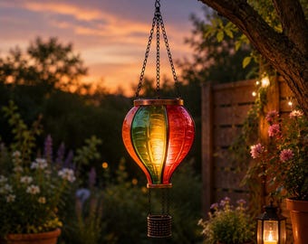 Solar LED Heißluftballon mit Flammeneffekt, bunte Gartendeko für Balkon, Terrasse & Garten, Boho Deko draußen, garden patio light balloon