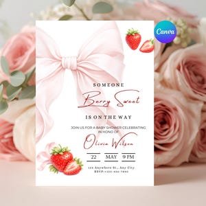 Strawberry Baby Shower Invitation Canva Template | Berry Sweet Girl Baby Shower Invite | Pink Bow Coquette Editable 5x7 Digital Download