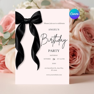 Black Bow Birthday Invitation Template Editable | Elegant Coquette Pink & Black Party Invite Minimalist 5x7 Canva Digital Download Printable