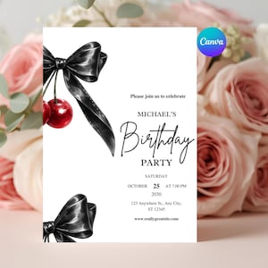 Invitación de cumpleaños editable con lazo negro y cerezas / Invitación minimalista con lazo negro / Plantilla Canva de 5x7 (archivo PDF)