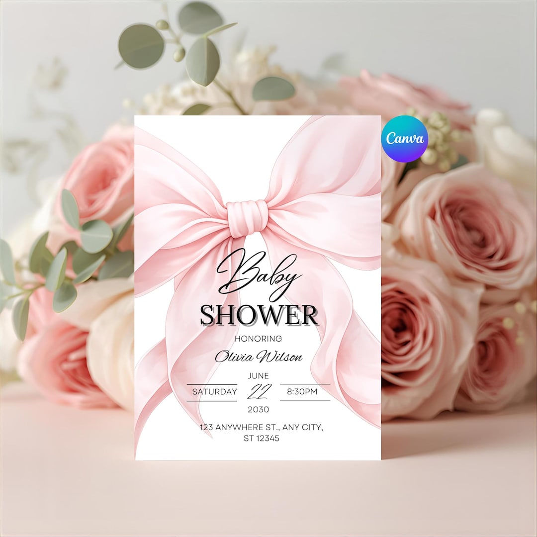 Blush Pink Bow Baby Shower Invitation Canva Template Baby Girl Shower ...