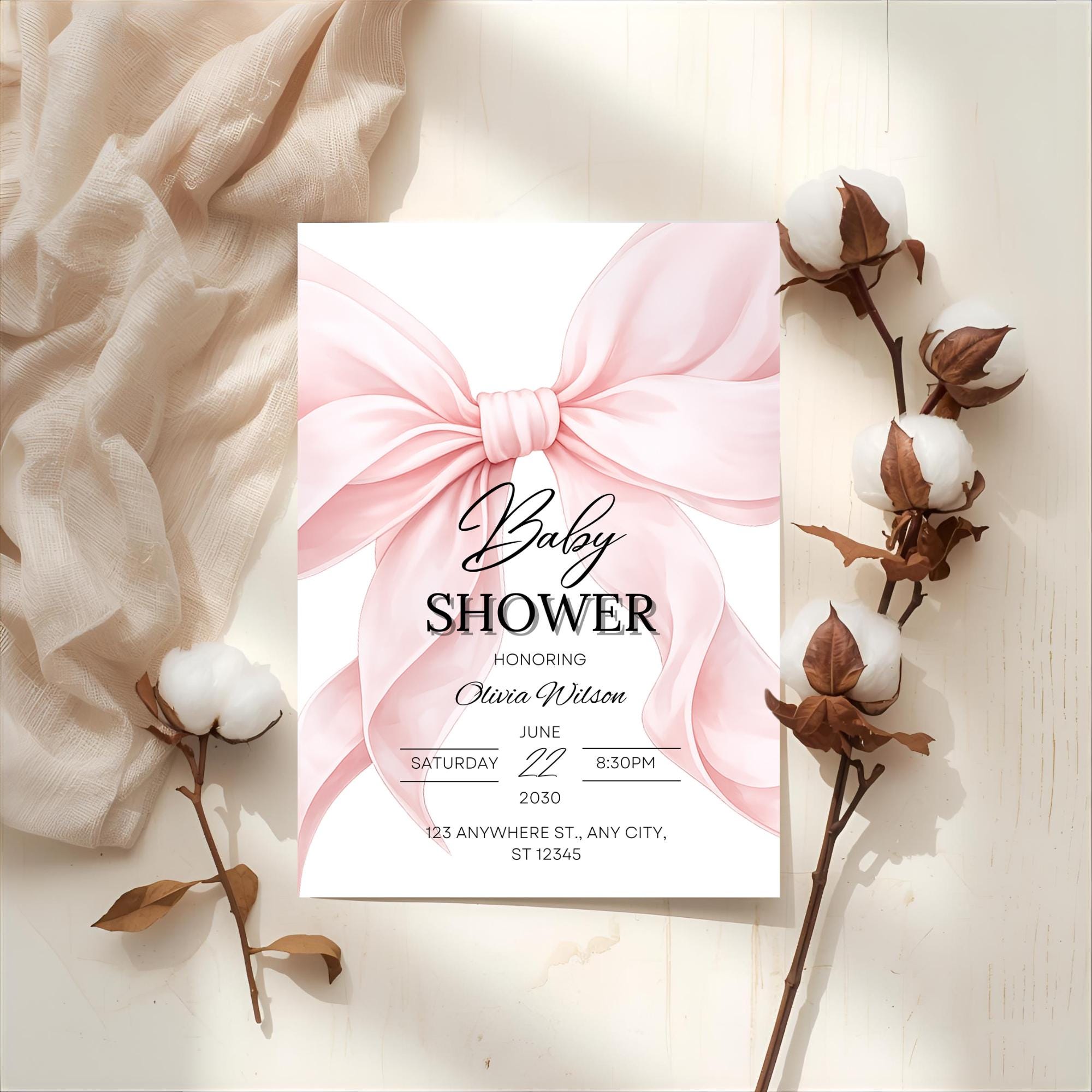 Blush Pink Bow Baby Shower Invitation Canva Template Baby Girl Shower ...