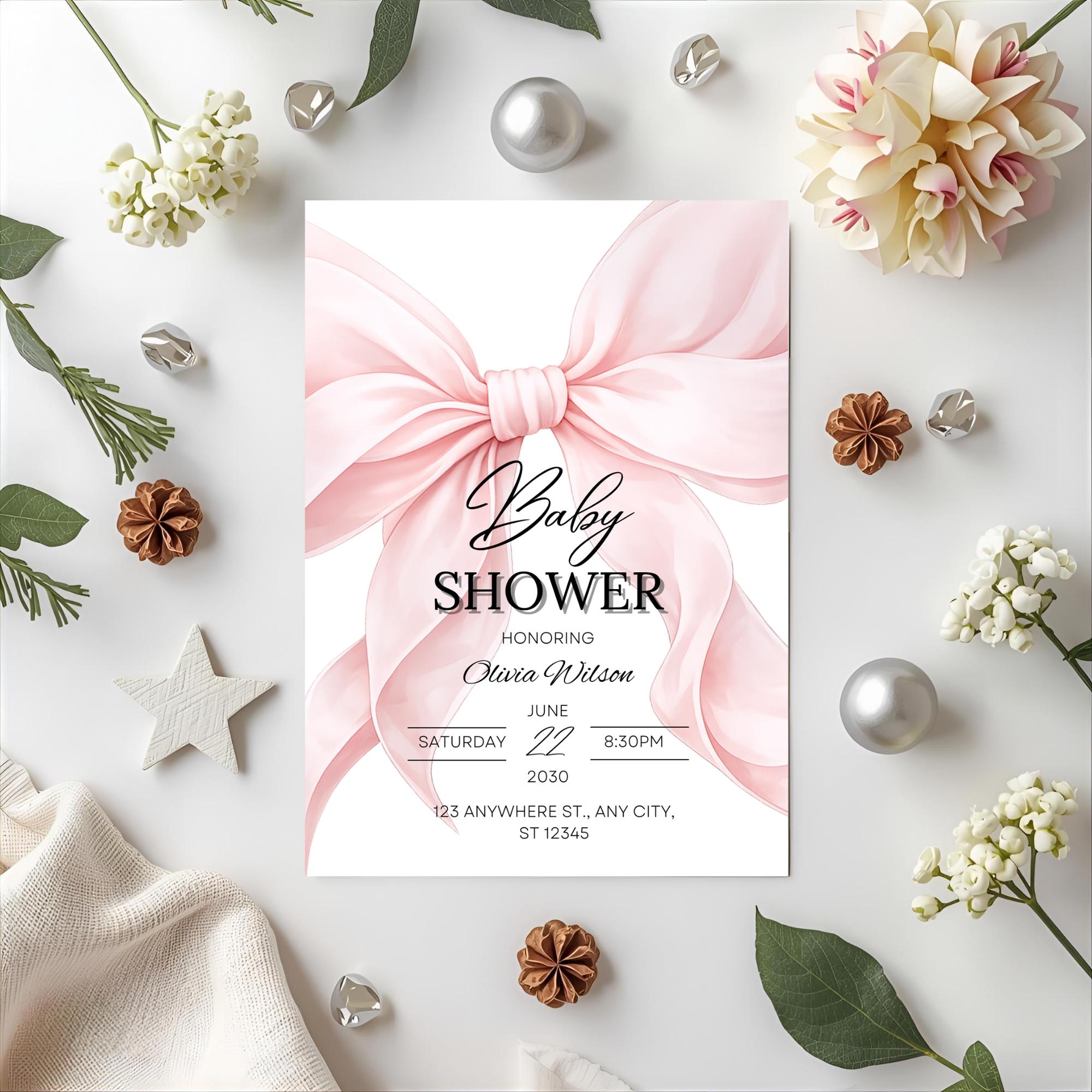 Blush Pink Bow Baby Shower Invitation Canva Template Baby Girl Shower ...