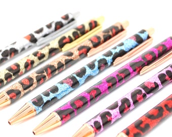 Glitter Animal Print Ballpoint Retractable Pen | Red Purple Rose Gold Click Pen  | Cute Journaling Stationery Gifts | Pretty Writing Pens