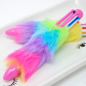 RAINBOW FUR PEN | Multi Color 6-in-1 Pen | Fuzzy Pom Pens | Colorful Kawaii Stationery | Cute Pens for Kids and school | Party Favors