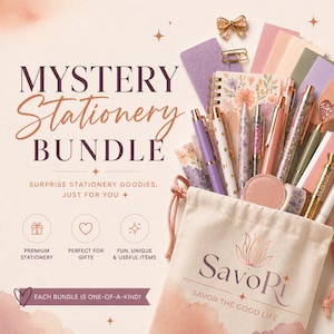 May include: A mystery stationery bundle featuring a beige drawstring pouch with the text Savori Savor the Good Life, containing various pens, a floral notebook, paper clips, and paper sheets. The text Mystery Stationery Bundle is displayed.