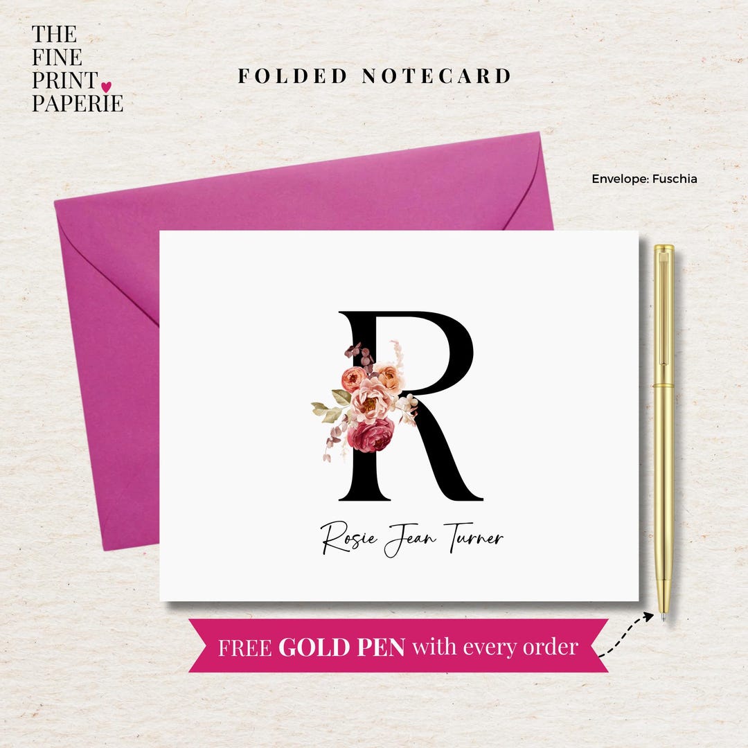 Personalized Floral Monogram Note Card Set, Stationery Gift With Gold ...