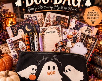 May include: A black fabric pencil case featuring three white ghost illustrations and the text Spooky Season and BOO. The pouch is filled with stationery items including pens, a Boo To Do notepad, and decorative tape, all with Halloween themes.