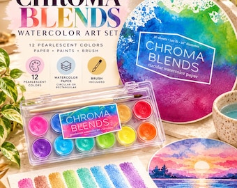 Puede incluir: Set de acuarelas Chroma Blends con 12 colores nacarados en un estuche de plástico transparente, un pincel de madera, 20 hojas de papel de acuarela circular de 25,4 cm de diámetro y una tarjeta de muestras con seis trazos de pintura.