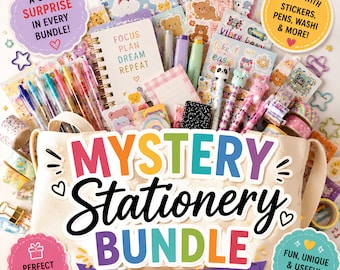 May include: A canvas tote bag filled with a mystery stationery bundle including colorful pens, washi tape, sticker sheets, and a spiral notebook with the text FOCUS PLAN DREAM REPEAT. The bag features the text MYSTERY Stationery BUNDLE.