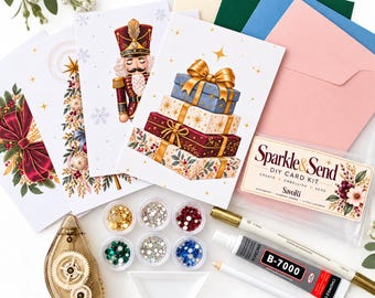May include: A Sparkle & Send DIY card kit featuring illustrated holiday greeting cards with nutcracker and gift designs, colorful envelopes, six small containers of rhinestones, a glue tube, a gold marker, and a tape dispenser.