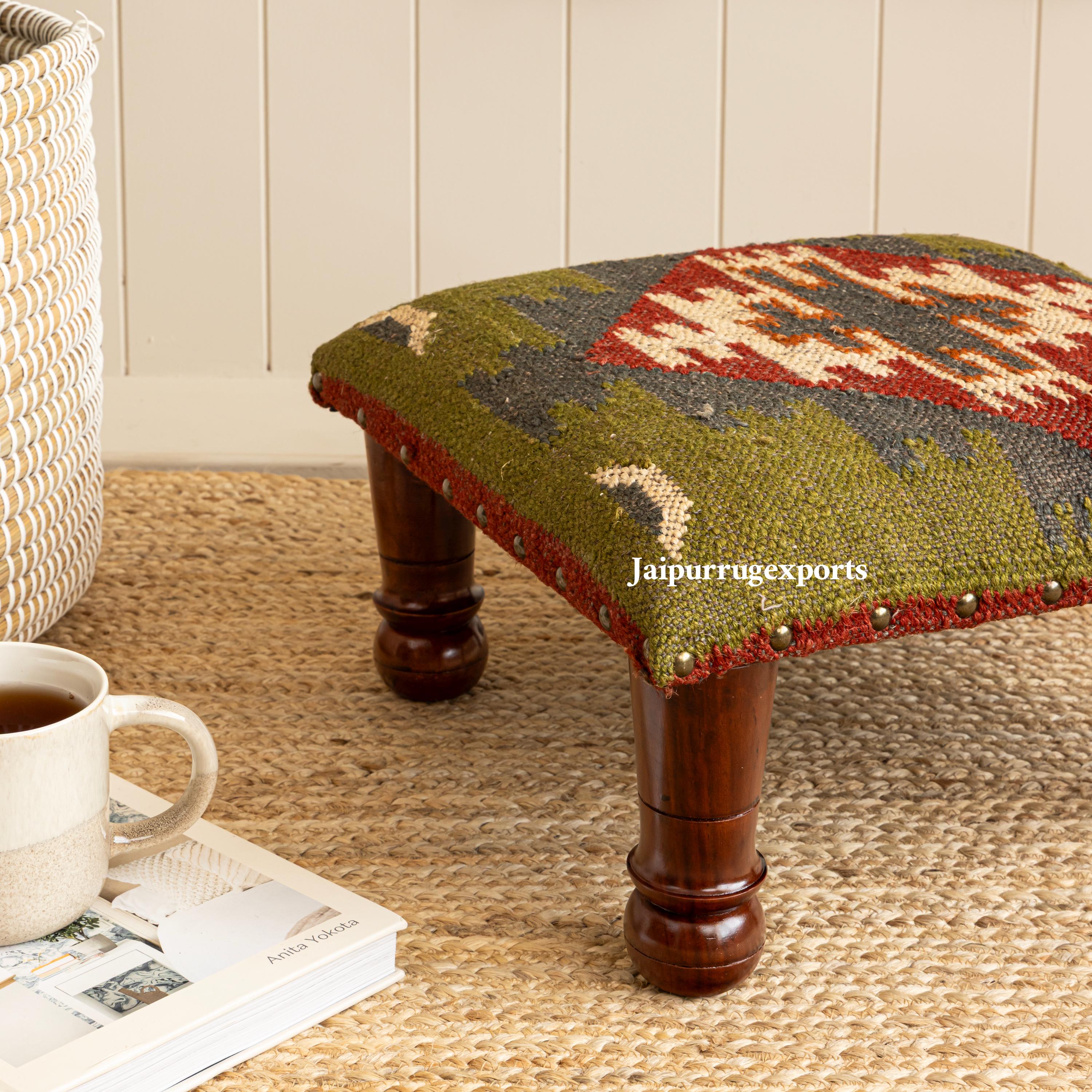 Handmade Kilim Ottoman Footstool, Rustic Wool Bench 14x14x9 Inches