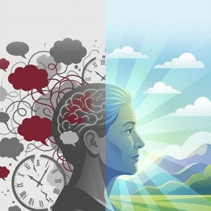 Puede incluir: Ilustración con el texto "STOP OVERTHINKING AFTER 40" y "A Guide to Clarity, Calm, and Purpose". La imagen está dividida, mostrando un cerebro con burbujas de pensamiento y relojes en un lado, y un rostro sereno con un paisaje soleado en el otro.