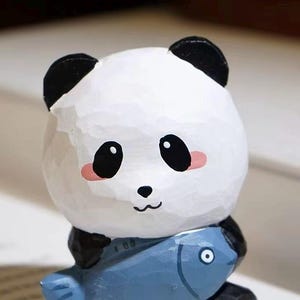 Hand Carved Wooden Panda Holding Fish, Handmade Animal Sculpture, Kawaii Desk Décor