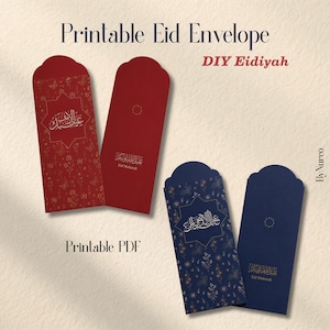 Puede incluir: Sobres imprimibles de Eid en rojo y azul marino, con estampados florales y caligrafía árabe. Los sobres están etiquetados como "Printable Eid Envelope" y "DIY Eidiyah". Las palabras "Printable PDF" también son visibles.
