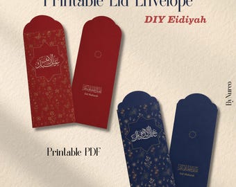 Plantilla imprimible para sobre de Eid Mubarak / Diseño islámico floral rojo y azul (Descarga en PDF)