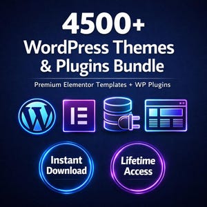 May include: A digital graphic promoting a WordPress themes and plugins bundle. The image features the text "4500+ WordPress Themes & Plugins Bundle" with icons and the phrases "Instant Download" and "Lifetime Access."