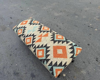 Ręcznie robiona ławka kilim, tapicerowany puf z juty wełnianej, rustykalny podnóżek etniczny, element dekoracyjny salonu, ławka pufa, ławka aztecka, ławka panio