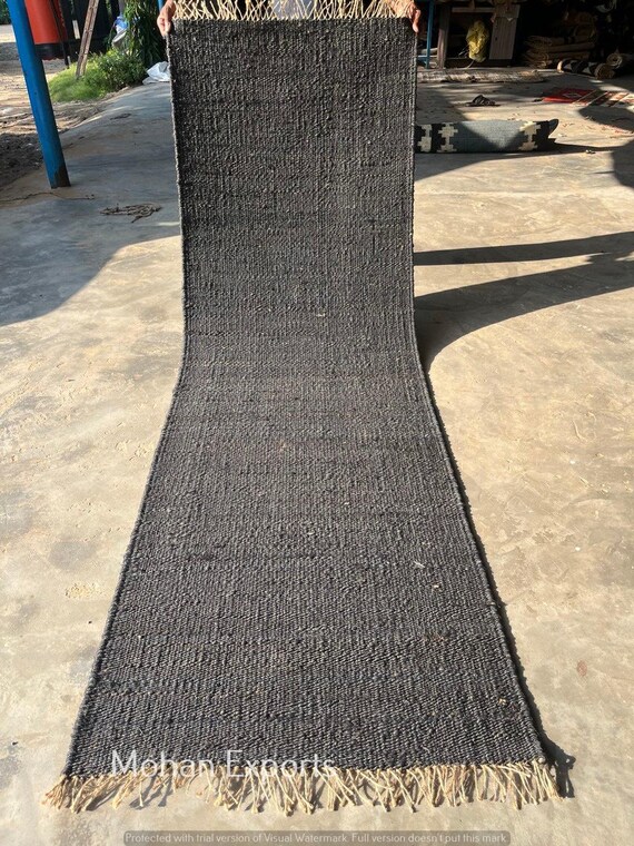 Handwoven Black Jute Rug Runner, Natural Hemp Jute Rug with Fringe, Minimal Rustic Farmhouse Hallway & Living Room Rug - All Custom Size
