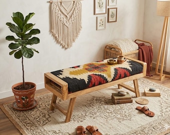 Foldable Rustic Wooden Kilim Bench, Earth Tone Boho Furniture, Entryway Seating Kilim Ottoman, Tribal Pattern Upholstered Bench