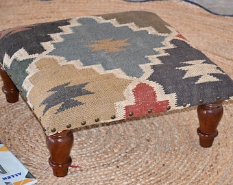 Handmade Kilim Footstool, Earth Tone Medallion Ottoman, Southwestern Style Small Stool with Wooden Legs-Boho Chic Footrest-Tribal Home Decor