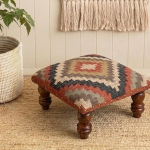 Handmade Kilim Footstool, Earth Tone Medallion Ottoman, Southwestern Style Small Stool with Wooden Legs-Boho Chic Footrest-Tribal Home Decor