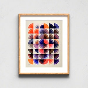 May include: A framed art print featuring a grid of semi-circular shapes in various colors including orange, blue, purple, and pink. The geometric pattern consists of concentric lines forming half-circles arranged in a repeating, symmetrical layout.