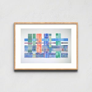 May include: A framed abstract print featuring a grid of intersecting vertical and horizontal bands in shades of blue, green, orange, and purple. The composition consists of layered, textured lines that create a woven appearance against a white background.