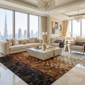 Op de afbeelding: Luxe woonkamer met uitzicht op de stad. Voorzien van een grote beige bank, fauteuils en een marmeren salontafel. Een patroonkleed in bruin- en zwarttinten bedekt de vloer. Twee kristallen kroonluchters hangen aan het plafond.