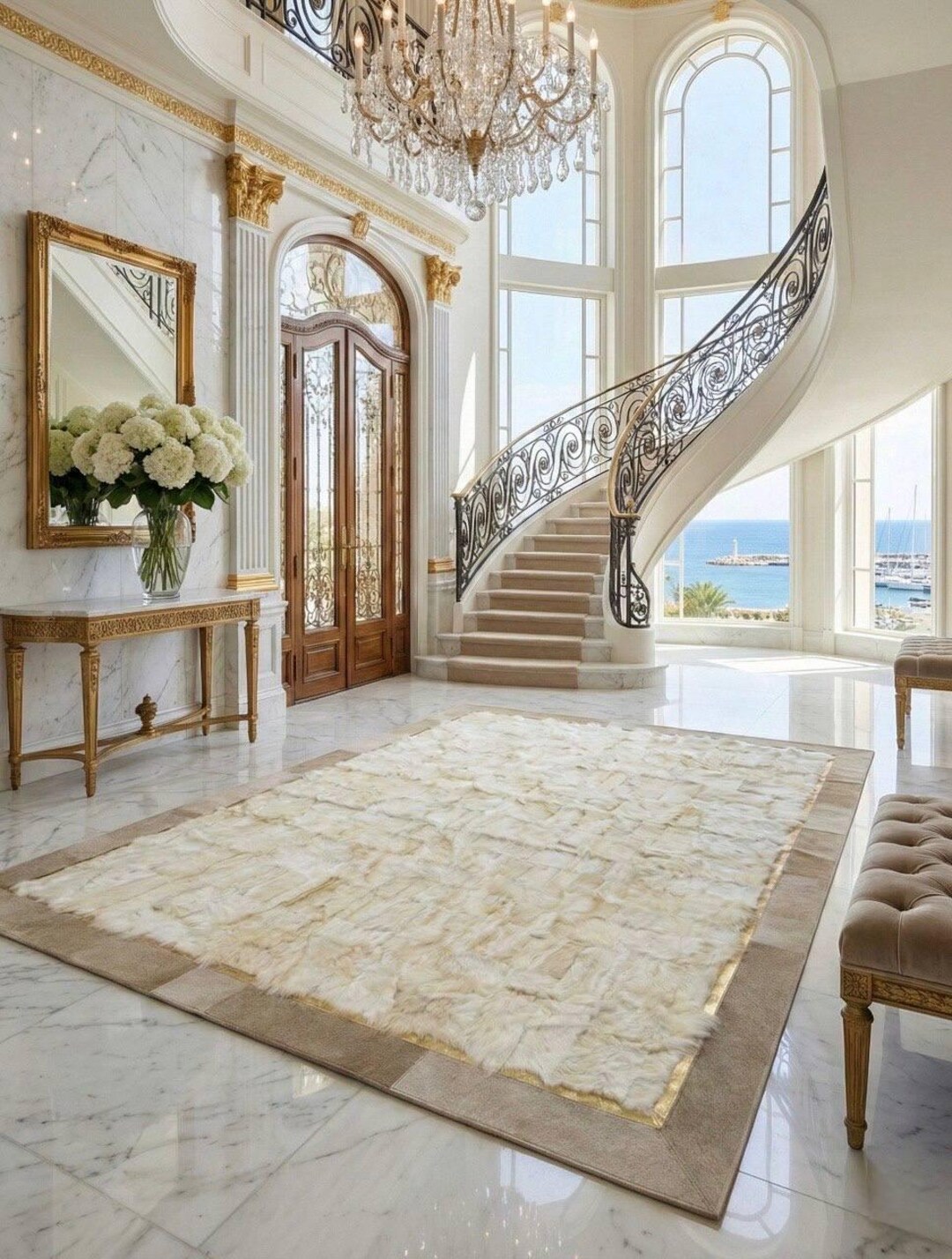 Greek Key Gold Rug Luxury Handmade Greek Key Sheepskin Rug | Medusa Style Medallion Area ...