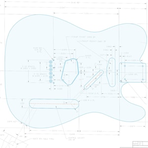May include: A blueprint of a guitar, featuring a light blue outline and detailed measurements in inches. The design includes the body shape, pickup locations, and other technical specifications, ideal for musicians and luthiers.
