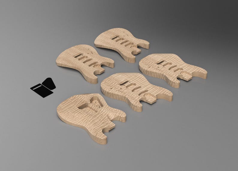 May include: Five unfinished light brown wooden electric guitar bodies with a visible wood grain pattern, arranged in a cluster. Each body features pre-cut cavities for pickups and bridge components. A small black icon is positioned to the left.