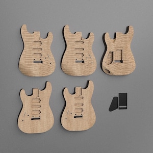 May include: Five unfinished light brown wooden electric guitar bodies with a visible flame maple grain pattern. Each body features pre-cut cavities for pickups, a bridge, and electronic components, arranged in a grid with a small black icon.