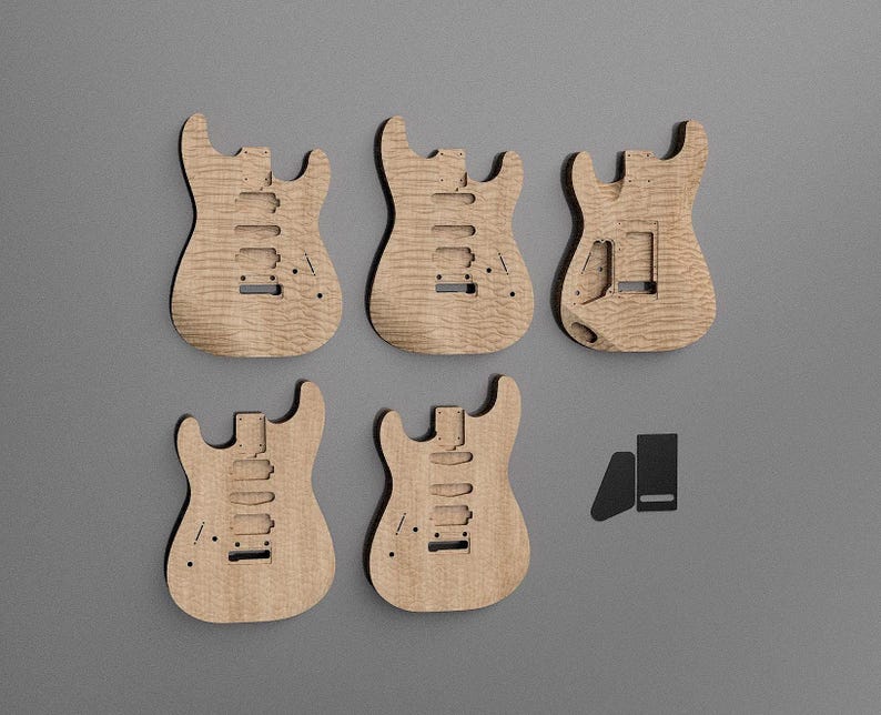 May include: Five unfinished light brown wooden electric guitar bodies with a visible flame maple grain pattern. Each body features pre-cut cavities for pickups, a bridge, and electronic components, arranged in a grid with a small black icon.