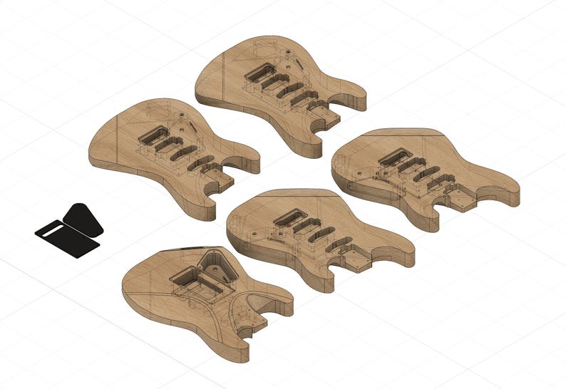 May include: Five unfinished light brown wooden electric guitar bodies with routed cavities for pickups and bridges, arranged in a cluster. A small black rectangular template with a rounded corner is positioned to the left of the guitar bodies.