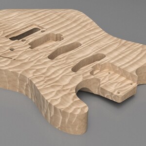 May include: An unfinished light-colored wooden electric guitar body featuring a prominent wavy flame maple grain pattern. The body includes pre-cut cavities for a bridge, three single-coil pickups, and a neck pocket, with a contoured cutaway design.