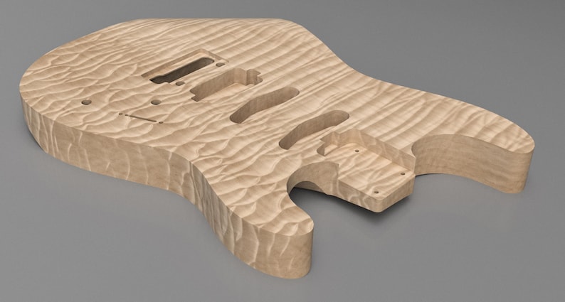 May include: An unfinished light-colored wooden electric guitar body featuring a prominent wavy flame maple grain pattern. The body includes pre-cut cavities for a bridge, three single-coil pickups, and a neck pocket, with a contoured cutaway design.