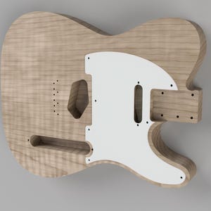 May include: An unfinished electric guitar body in a light wood tone, featuring a white pickguard. It has cutouts for pickups, controls, and the neck. The wood grain is visible, ready for customisation.