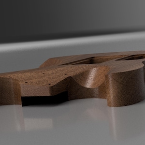 May include: An unfinished dark brown wooden electric guitar body with a contoured shape, featuring visible wood grain, pre-drilled holes for hardware, and routed cavities for pickups and electronics, presented from a low-angle side perspective.