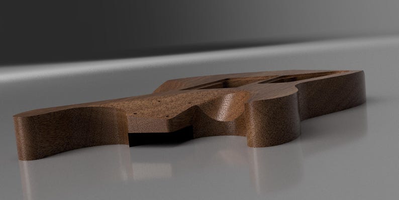 May include: An unfinished dark brown wooden electric guitar body with a contoured shape, featuring visible wood grain, pre-drilled holes for hardware, and routed cavities for pickups and electronics, presented from a low-angle side perspective.