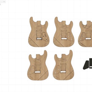 May include: A digital CAD interface displaying five light brown wooden electric guitar body designs with various pickup cavity configurations and two separate black rectangular cover plates on a white grid background with a browser sidebar.