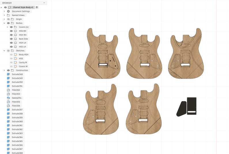 May include: A digital CAD interface displaying five light brown wooden electric guitar body designs with various pickup cavity configurations and two separate black rectangular cover plates on a white grid background with a browser sidebar.
