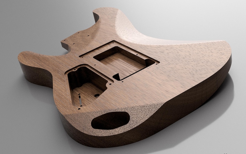 May include: An unfinished electric guitar body crafted from dark brown wood with a visible grain pattern. The body features routed cavities for pickups, electronics, and a bridge, along with a pre-drilled hole for a volume or tone control knob.