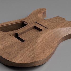 May include: An unfinished brown wooden electric guitar body featuring a double-cutaway design, a neck pocket, a bridge cavity, and two pickup routes. The wood grain is visible across the surface, with pre-drilled holes for hardware components.