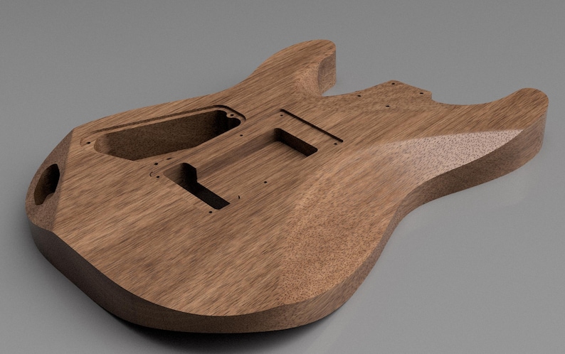 May include: An unfinished brown wooden electric guitar body featuring a double-cutaway design, a neck pocket, a bridge cavity, and two pickup routes. The wood grain is visible across the surface, with pre-drilled holes for hardware components.