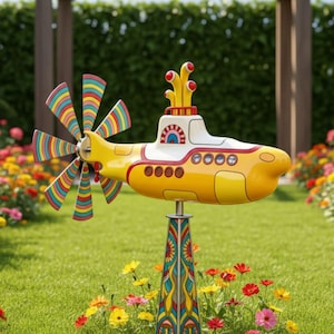Retro Submarine Wind Spinner, Colorful Kinetic Metal Garden Art, 60s Inspired Whirligig