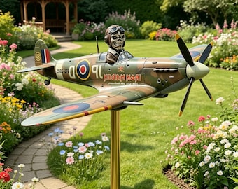 Vintage Fighter Plane Wind Spinner, Metal Aircraft Whirligig, Outdoor Garden Decor