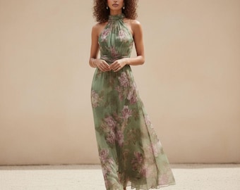Vestido largo verde con estampado floral y escote halter, vestido de verano de gasa sin espalda, atuendo bohemio para invitadas de boda.