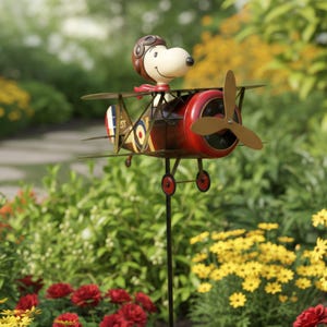 Molinillo de viento vintage con forma de perro aviador y biplano – Molino de viento de metal para jardín, decoración original para patio y césped, adorno para exteriores