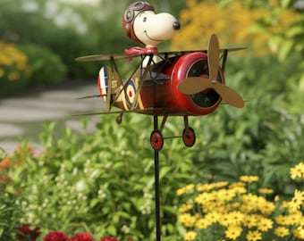 Éolienne biplan vintage pour chien aviateur - Moulin à vent de jardin en métal, décoration fantaisiste de patio et de pelouse, ornement de jardin extérieur